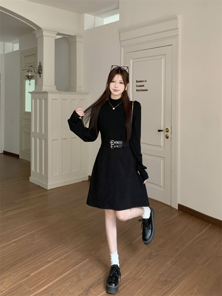 Solid Half Turtleneck Little Black Dress Spring Slim Waist Women's Dress - Image 3