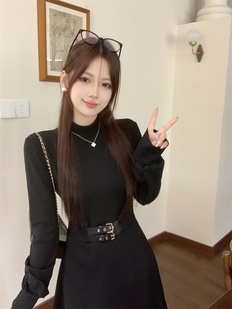 Solid Half Turtleneck Little Black Dress Spring Slim Waist Women's Dress - Image 4