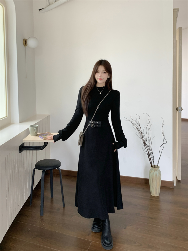 Solid Half Turtleneck Little Black Dress Spring Slim Waist Women's Dress - Image 2