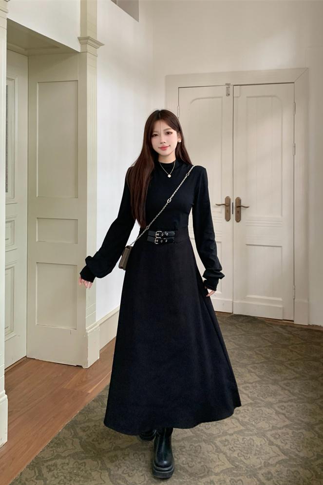Solid Half Turtleneck Little Black Dress Spring Slim Waist Women's Dress - Image 5