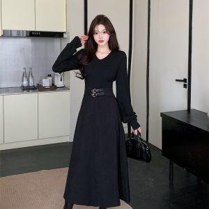 Solid V-Neck Long Sleeve Little Black Dress with Belt - Style 713581