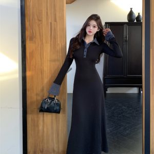 Spring Long Sleeve Knit Dress with Contrast Polo Collar and Flared Sleeves