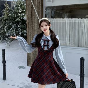 Plaid Faux Two-Piece Dress Women 2026 Spring Long Sleeve Waist-Cinched Curvy Plus Size