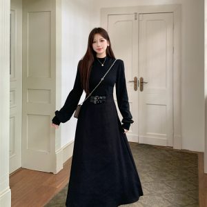Solid Half Turtleneck Little Black Dress Spring Slim Waist Women's Dress