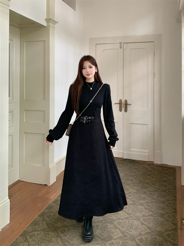 Solid Half Turtleneck Little Black Dress Spring Slim Waist Women's Dress