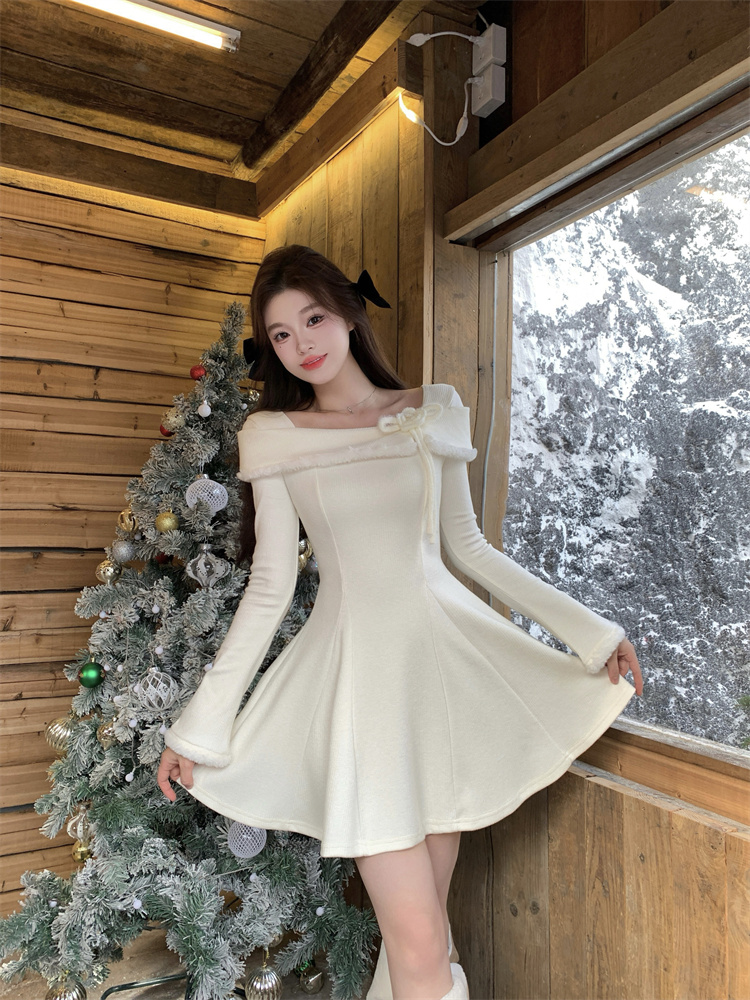 Off-Shoulder White Knit Dress Women Autumn Winter 2025 New Layering Sweater Dress Elegant Princess Long Dress - Style 6934d7 - Image 2
