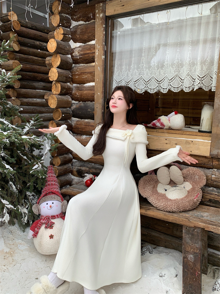 Off-Shoulder White Knit Dress Women Autumn Winter 2025 New Layering Sweater Dress Elegant Princess Long Dress - Style 6934d7 - Image 3