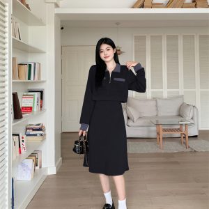 Plus Size Women's Color Block Collared Long Sleeve Dress