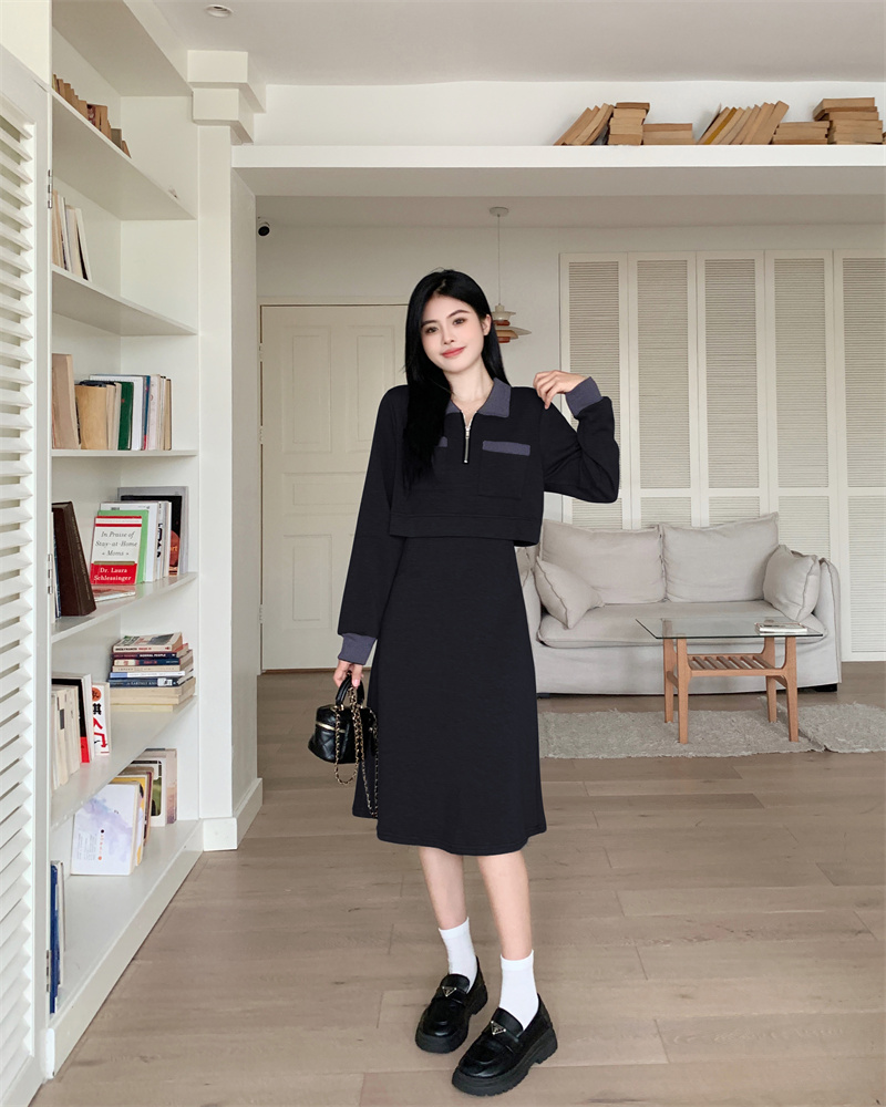 Plus Size Women's Color Block Collared Long Sleeve Dress