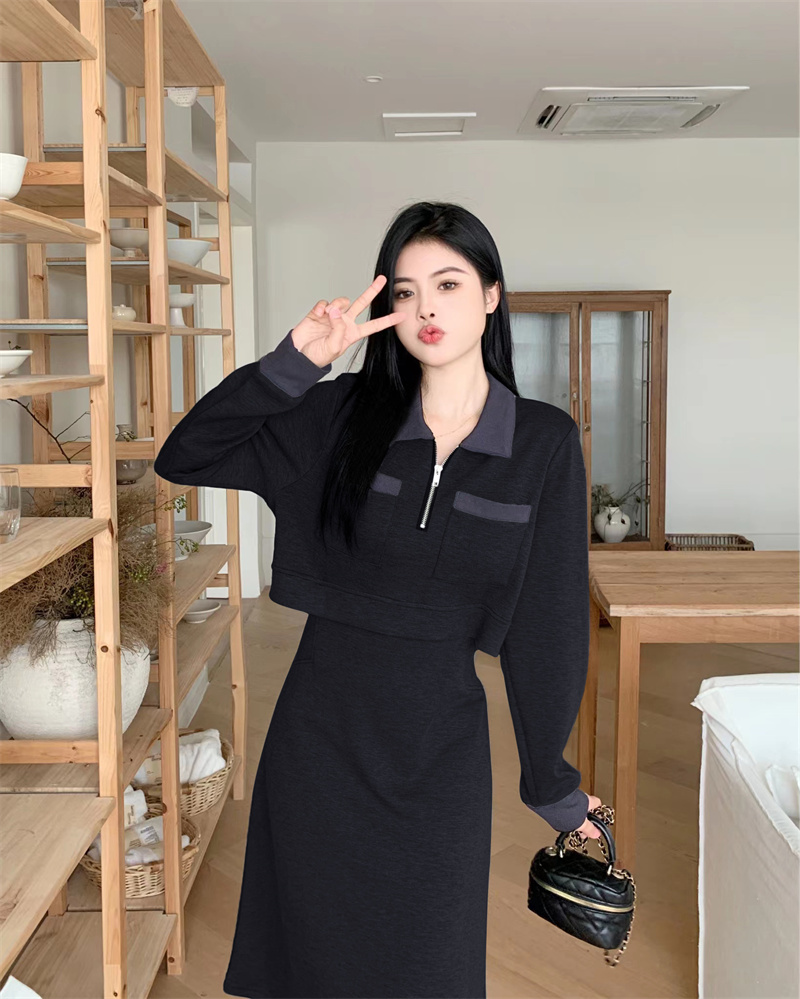 Plus Size Women's Color Block Collared Long Sleeve Dress - Image 2