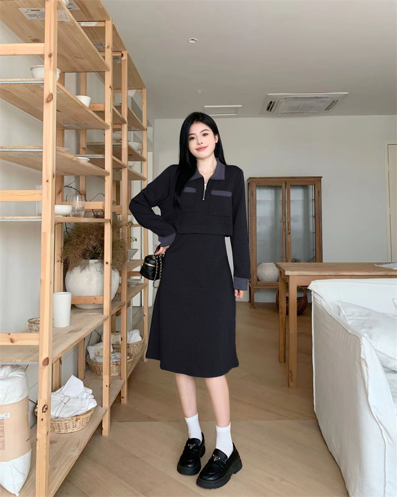 Plus Size Women's Color Block Collared Long Sleeve Dress - Image 3