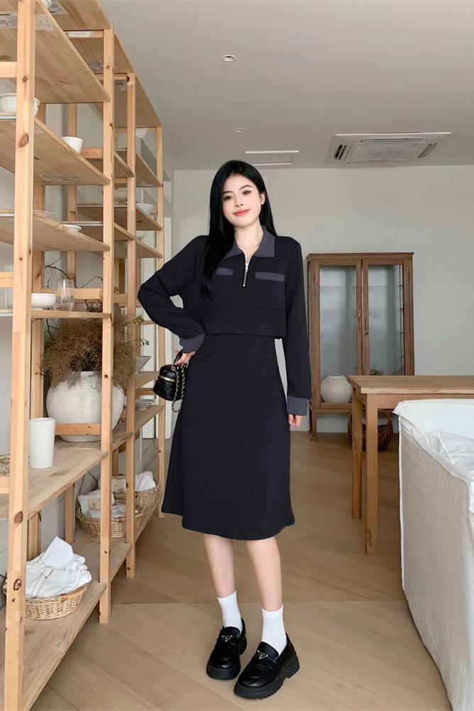Plus Size Women's Color Block Collared Long Sleeve Dress - Image 5