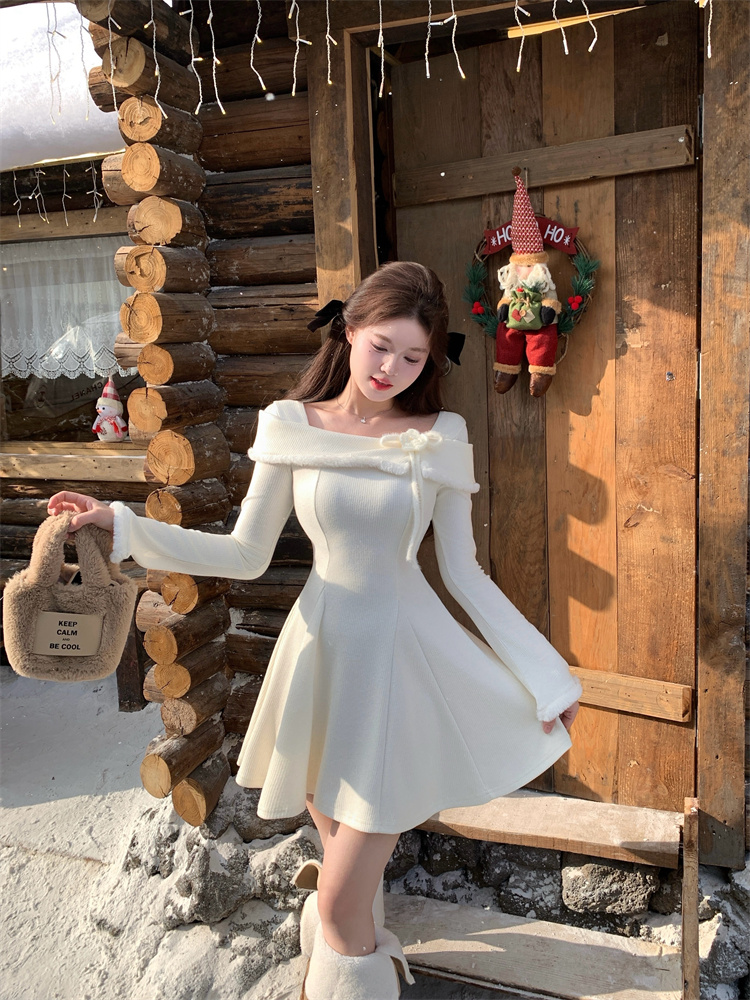 Off-Shoulder White Knit Dress Women Autumn Winter 2025 New Layering Sweater Dress Elegant Princess Long Dress - Style 6934d7
