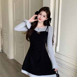 Women's Faux Two-Piece Cami Dress Slimming Knit Long Sleeve Spring