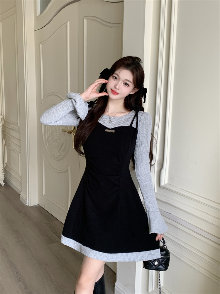 Women's Faux Two-Piece Cami Dress Slimming Knit Long Sleeve Spring