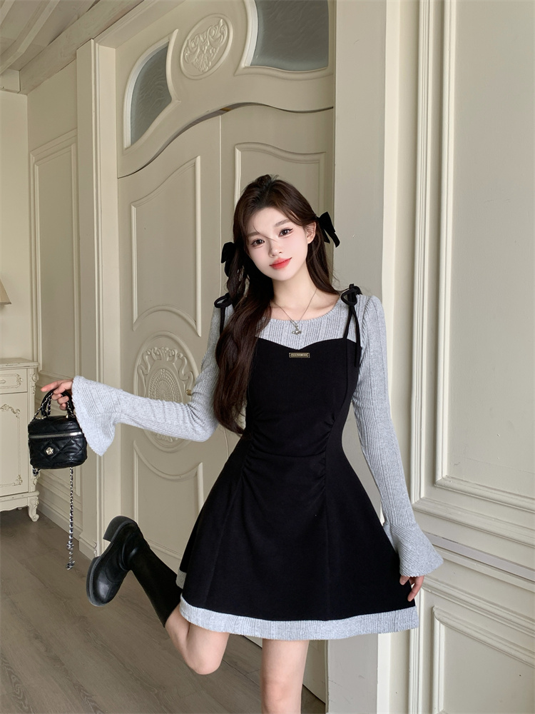 Women's Faux Two-Piece Cami Dress Slimming Knit Long Sleeve Spring - Image 4