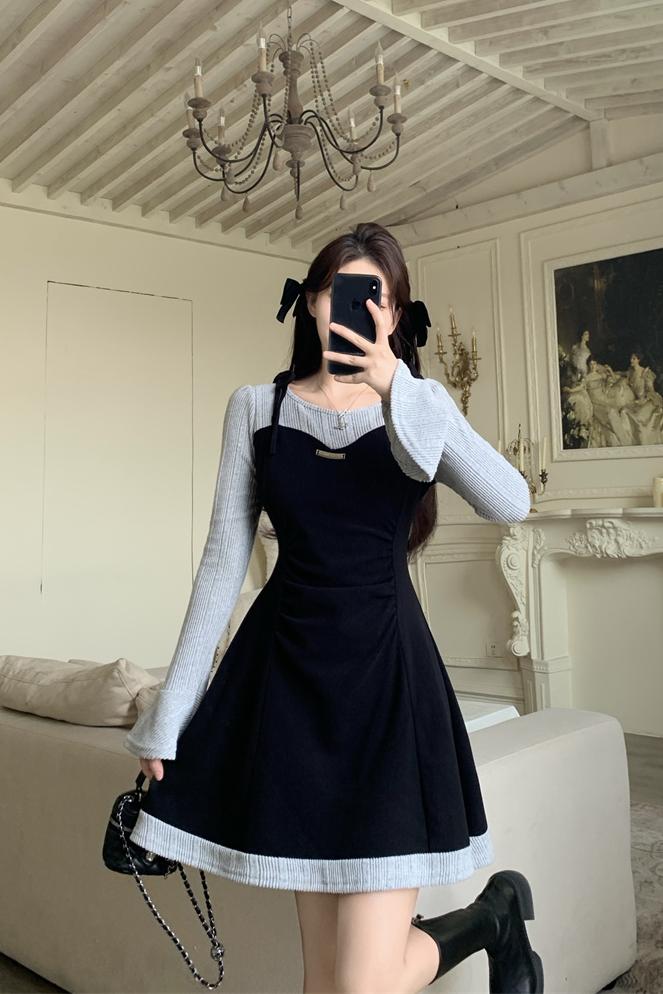 Women's Faux Two-Piece Cami Dress Slimming Knit Long Sleeve Spring - Image 5