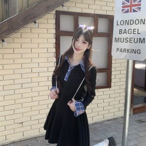 Plus Size Plaid Patchwork Polo Neck Slim Fit Long Sleeve Dress