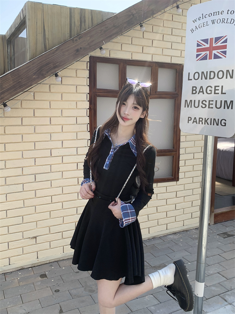 Plus Size Plaid Patchwork Polo Neck Slim Fit Long Sleeve Dress