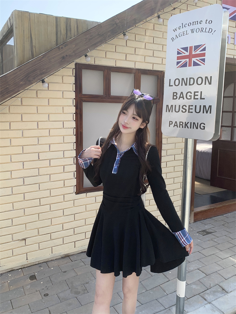 Plus Size Plaid Patchwork Polo Neck Slim Fit Long Sleeve Dress - Image 2