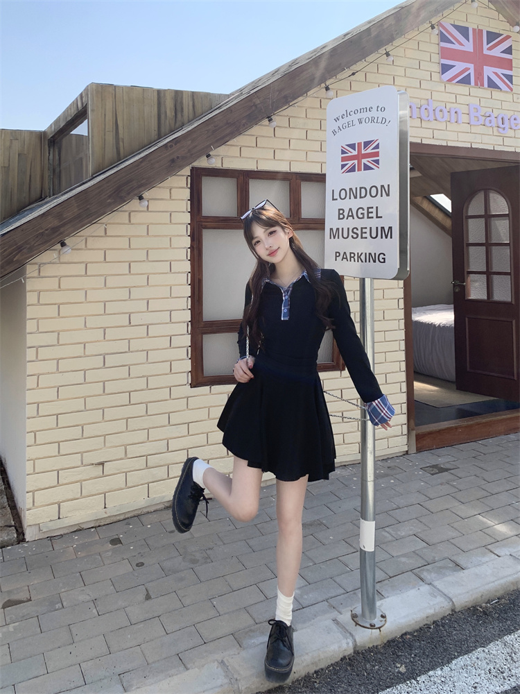 Plus Size Plaid Patchwork Polo Neck Slim Fit Long Sleeve Dress - Image 3