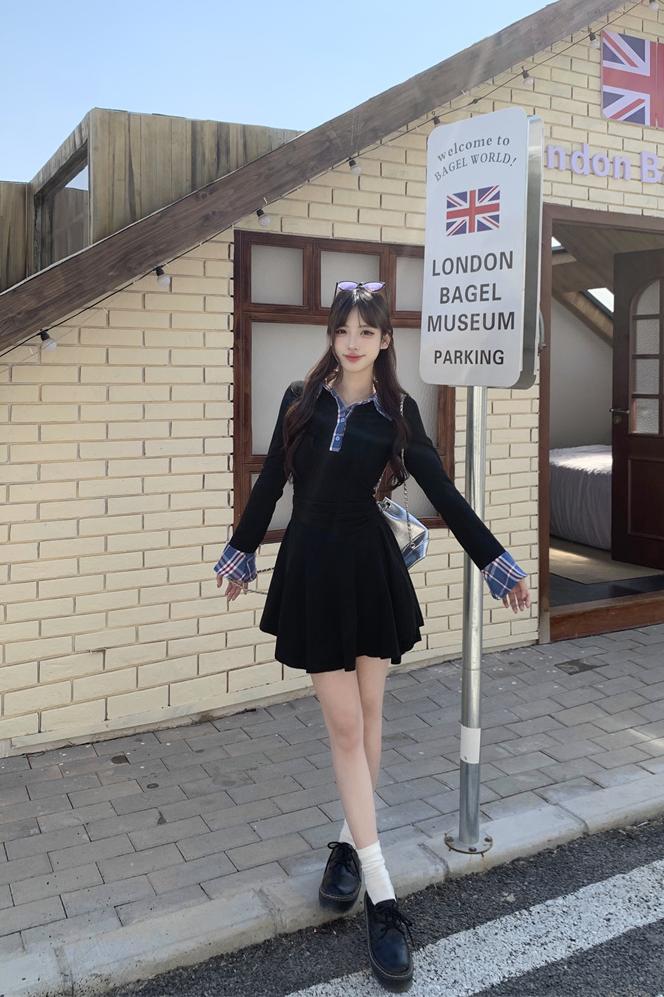 Plus Size Plaid Patchwork Polo Neck Slim Fit Long Sleeve Dress - Image 5