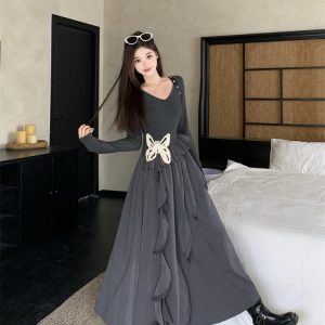 Butterfly Dress Little Black Dress Asymmetrical Hem Solid Long Sleeve Cinched Waist