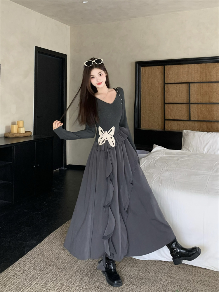 Butterfly Dress Little Black Dress Asymmetrical Hem Solid Long Sleeve Cinched Waist
