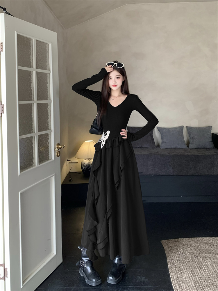 Butterfly Dress Little Black Dress Asymmetrical Hem Solid Long Sleeve Cinched Waist - Image 2