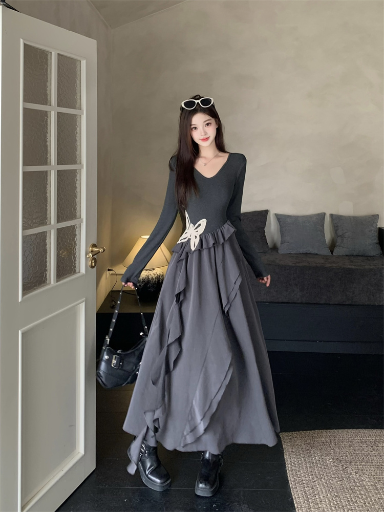Butterfly Dress Little Black Dress Asymmetrical Hem Solid Long Sleeve Cinched Waist - Image 3