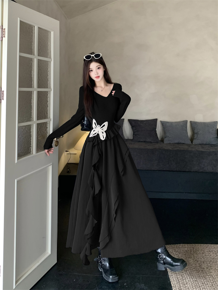 Butterfly Dress Little Black Dress Asymmetrical Hem Solid Long Sleeve Cinched Waist - Image 4