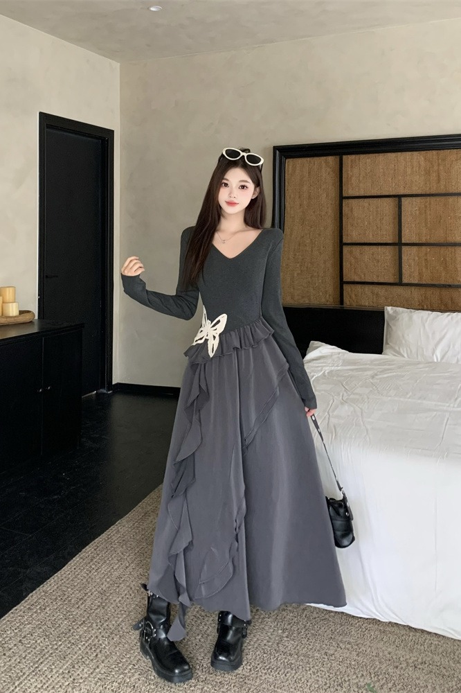 Butterfly Dress Little Black Dress Asymmetrical Hem Solid Long Sleeve Cinched Waist - Image 5