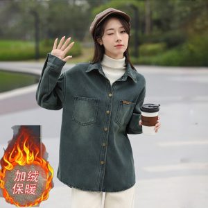 Women's Loose Vintage Denim Shirt Jacket Fleece-Lined Two Versions
