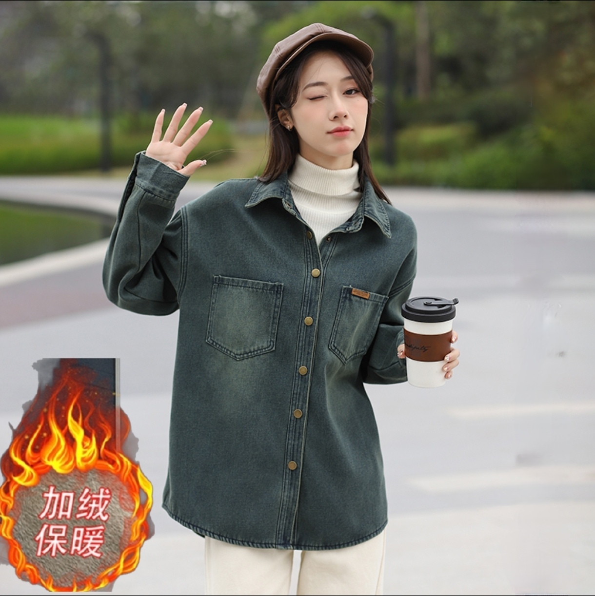 Women's Loose Vintage Denim Shirt Jacket Fleece-Lined Two Versions