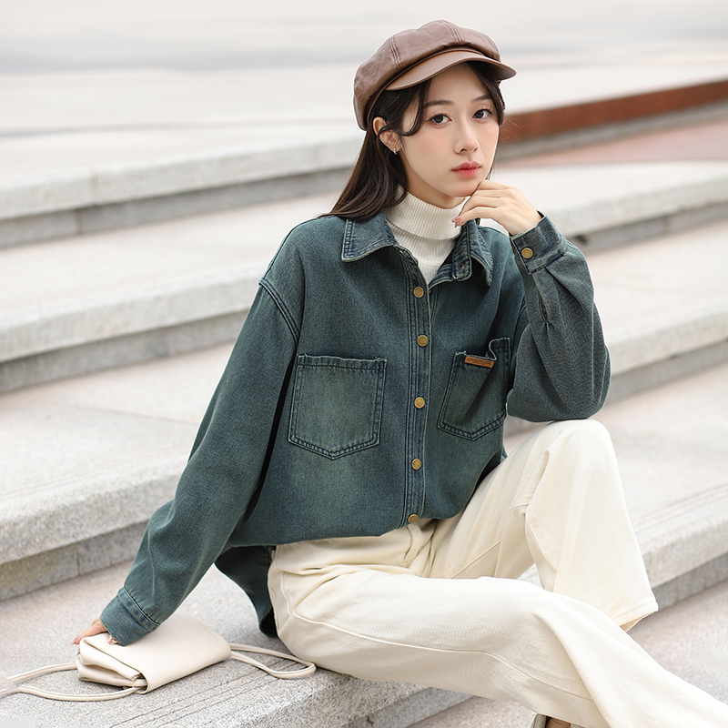 Women's Loose Vintage Denim Shirt Jacket Fleece-Lined Two Versions - Image 2