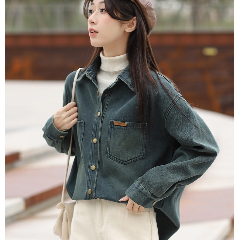 Women's Loose Vintage Denim Shirt Jacket Fleece-Lined Two Versions - Image 4
