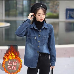 Women's Fleece-Lined Denim Shirt Jacket Winter Warm Loose Fit Korean Style