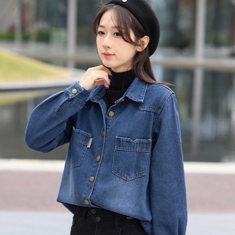 Women's Fleece-Lined Denim Shirt Jacket Winter Warm Loose Fit Korean Style - Image 4