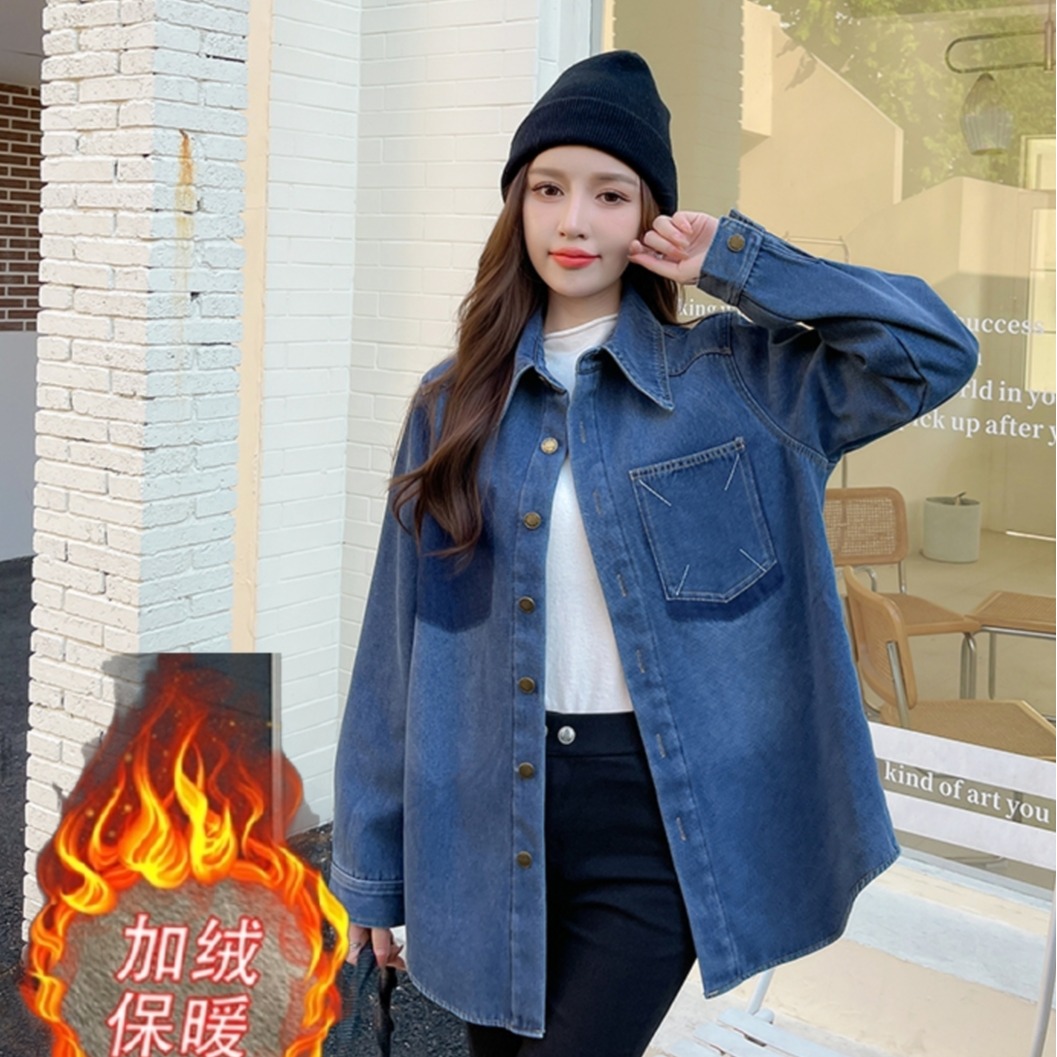 Women's Winter Fleece-Lined Loose Fit Retro Blue Denim Shirt Jacket