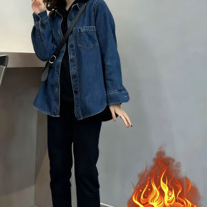 Women's Fleece Lined Denim Shirt Jacket Korean Style Loose Fit