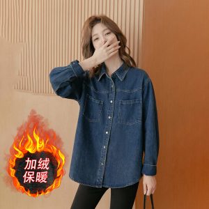 Fleece-Lined Vintage Denim Shirt Women Winter New Petite Outer or Inner Wear Design Top