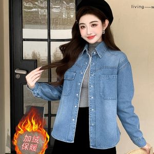 Women's Fleece-Lined Denim Jacket Retro Loose Fit Long Sleeve