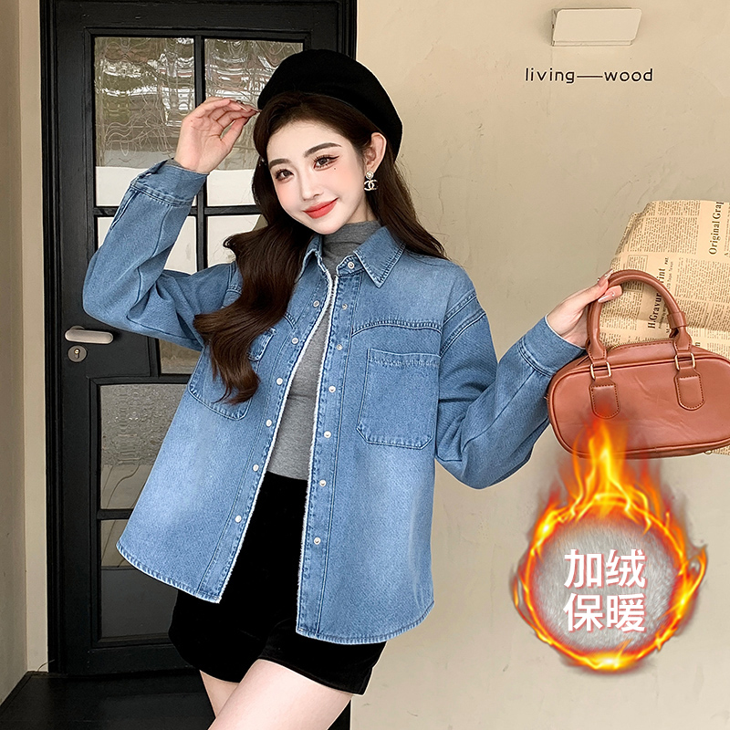 Women's Fleece-Lined Denim Jacket Retro Loose Fit Long Sleeve - Image 3