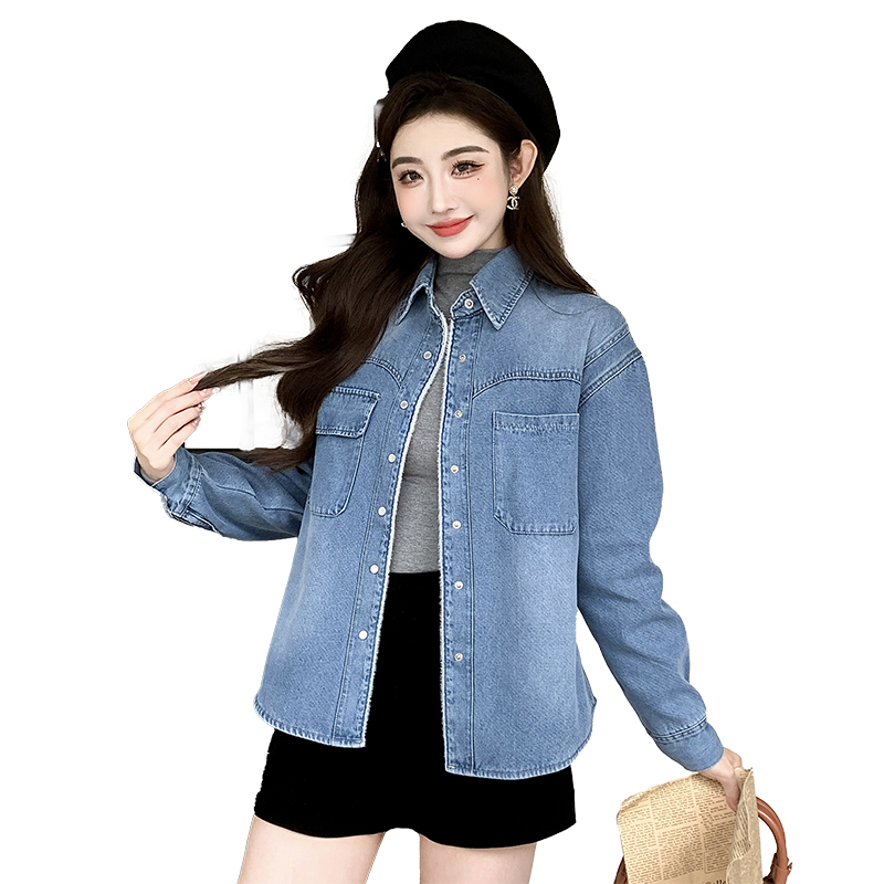 Women's Fleece-Lined Denim Jacket Retro Loose Fit Long Sleeve - Image 5