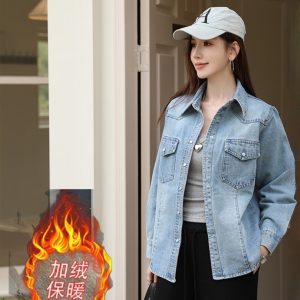 Women's Fleece-Lined Denim Shirt Jacket Retro Korean Style Long Sleeve