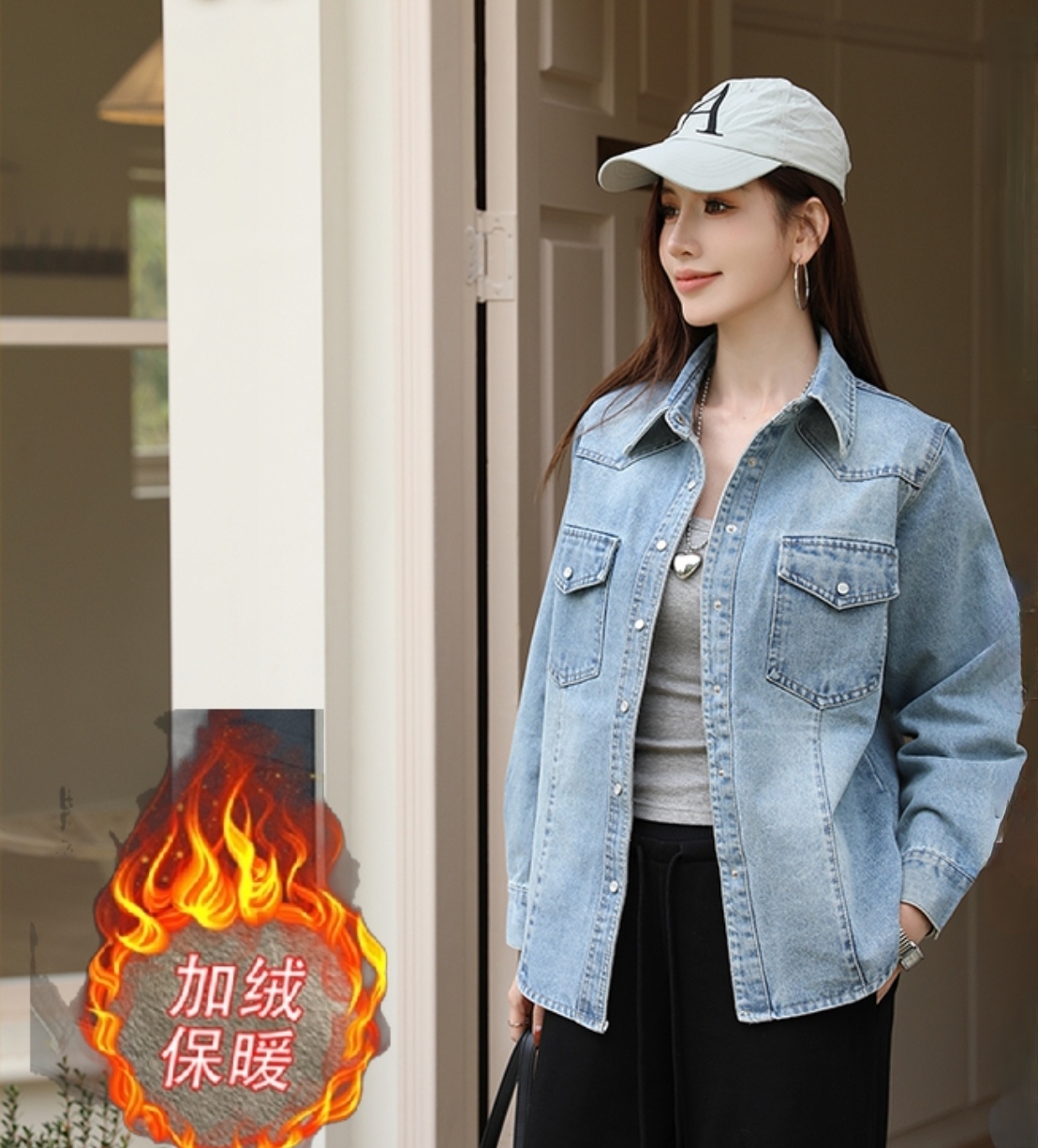 Women's Fleece-Lined Denim Shirt Jacket Retro Korean Style Long Sleeve