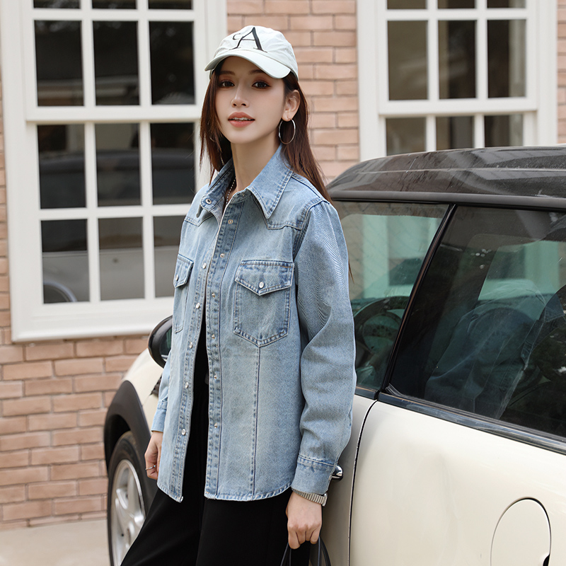 Women's Fleece-Lined Denim Shirt Jacket Retro Korean Style Long Sleeve - Image 2