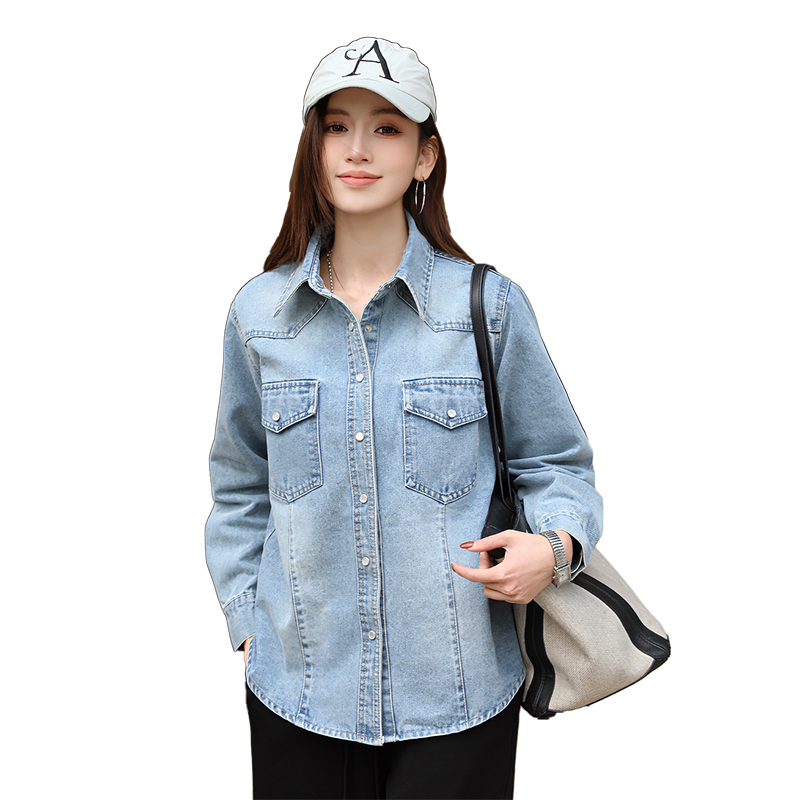 Women's Fleece-Lined Denim Shirt Jacket Retro Korean Style Long Sleeve - Image 5
