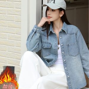 Women's Fleece-Lined Denim Shirt Jacket Korean Retro Casual Long Sleeve Top