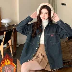 Women's Fleece-Lined Denim Shirt Jacket Korean Vintage Style Long Sleeve